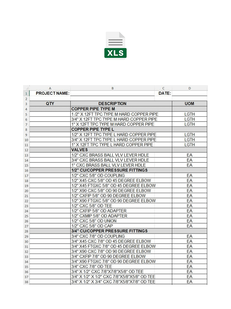 Domestic Water Cu BOM MS Excel Template No.1 & No. 2 product image (1)