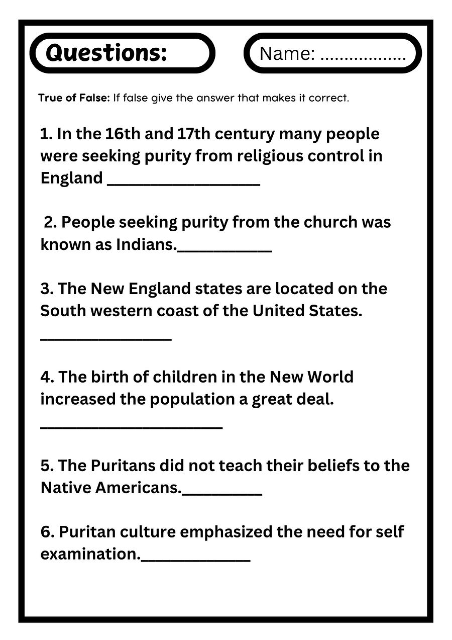 Puritans READING COMPREHENSION PASSAGE AND QUESTIONS | PRINTABLE PDF product image (3)