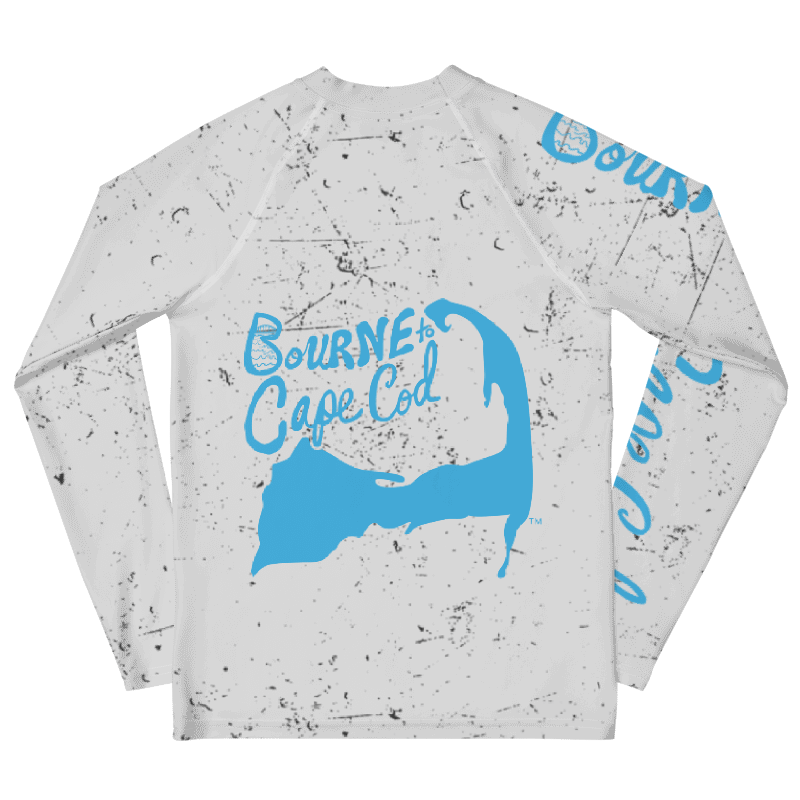 YOUTH | Rash Guard | BRN.2C.C.™ Front Graphic | BOURNE to Cape Cod™ Sleeve & Back Logo | Coastal Swim Shirt for Kids | UV Protection Activewear | Blue Logo on Distressed White product image (2)