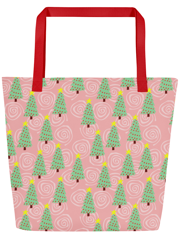 Green Christmas Trees on Christmas Pink with Swirls – Large Tote Bag product image (4)