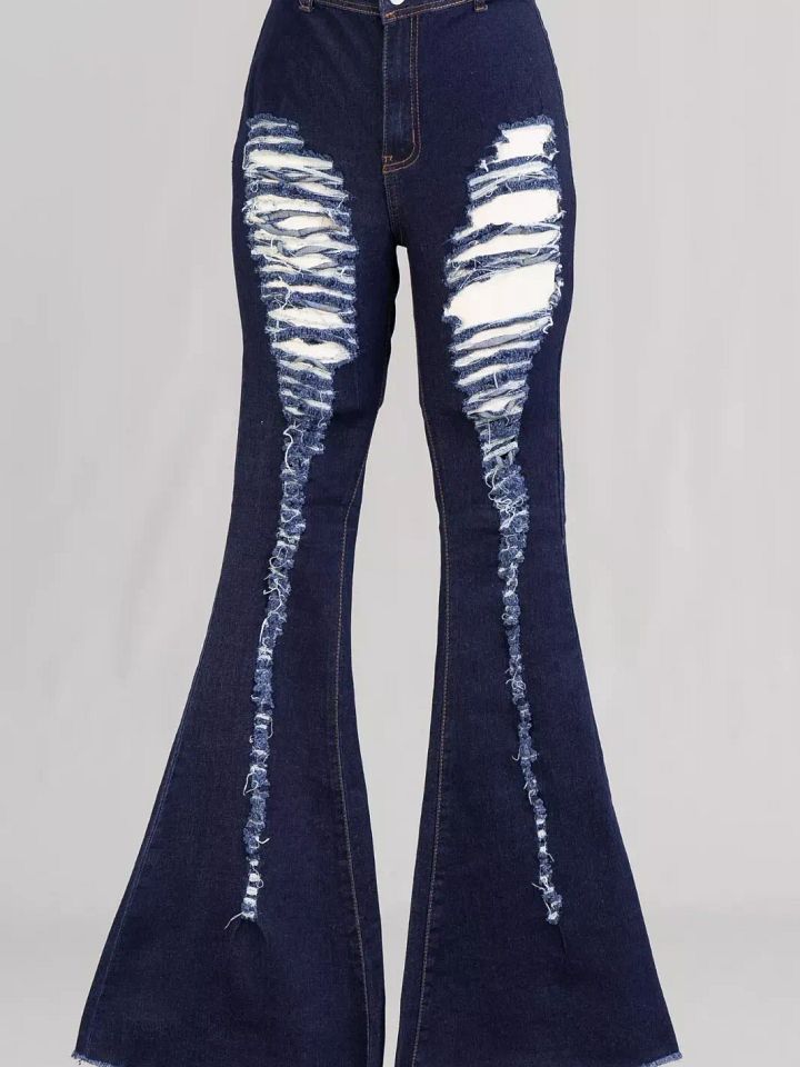 Size Medium H&Y Fashion HY331 Stretch Dark Blue Denim Distressed Flare Pants product image (1)