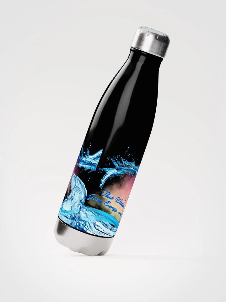 Stainless Steal waterbottle with beautiful swirly blue water drops  featuring ' This water gives energy and vitality