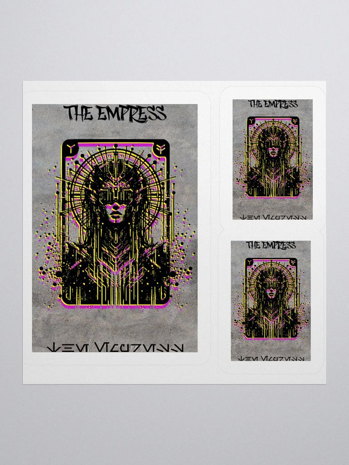 Cyberpunk Tarot Sticker – "The Empress" Card with Radial Headdress, Cyber Goggles & Ornate Cyber Armor – Futuristic Graffiti Stencil Vinyl Decal product image (2)