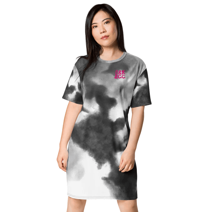 BOURNE to Cape Cod™ | Coastal Storm Clouds | T-Shirt Dress | Bright Pink Logos on Dark Gray and White Background product image (1)
