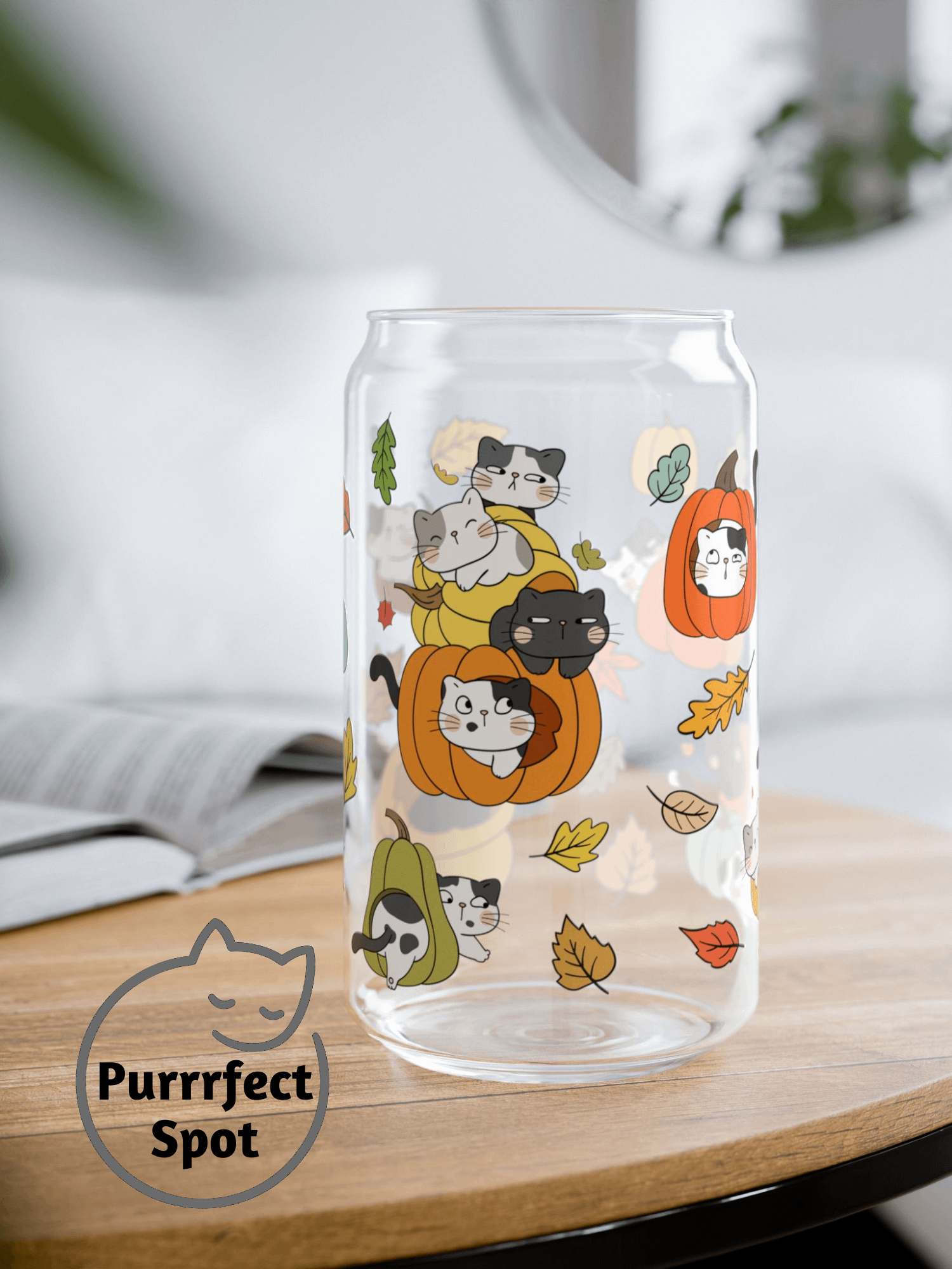 Fall Cats 16oz Glass Can Cup – Cute Autumn Pumpkin Cat Cup 🍂🐾🎃 product image (1)
