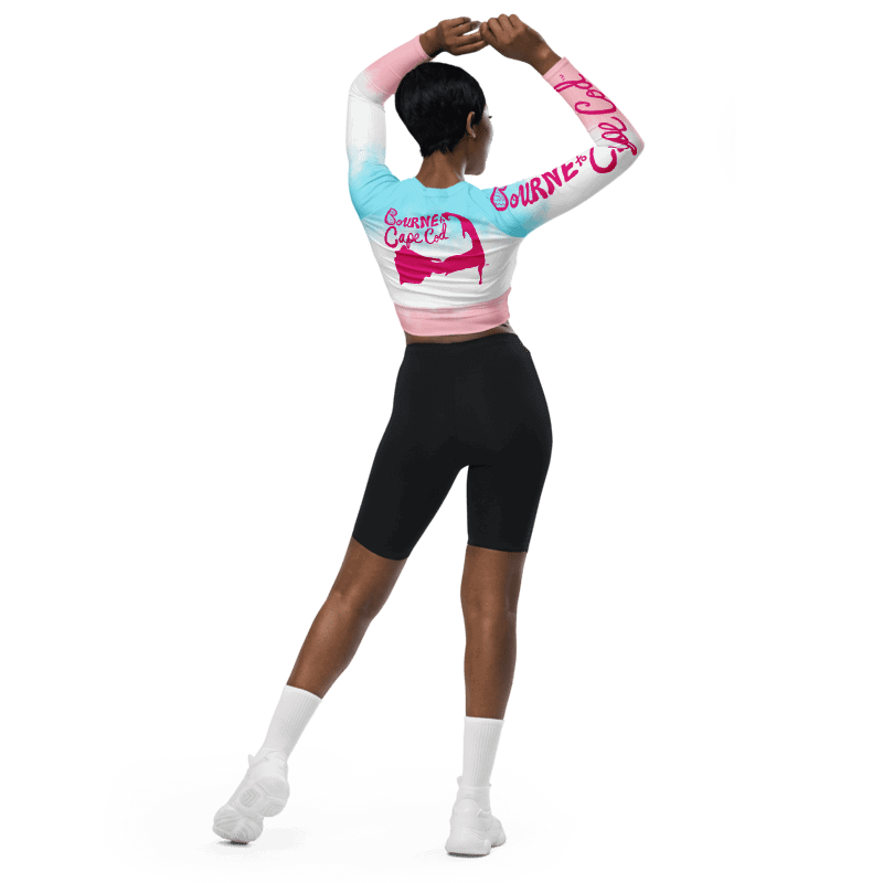 BOURNE to Cape Cod™ Crop Top | BRN.2C.C.™ Coastal Bold | Recycled Long Sleeve Statement Wear 🌊💃☀️ | Vibrant Pink Logos on Patriotic Pastels product image (7)
