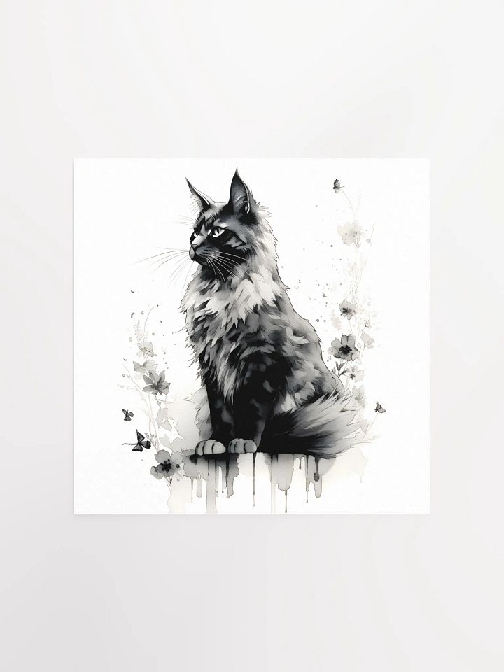 Maine Coon Floral Ink Poster – Black & White Art product image (1)