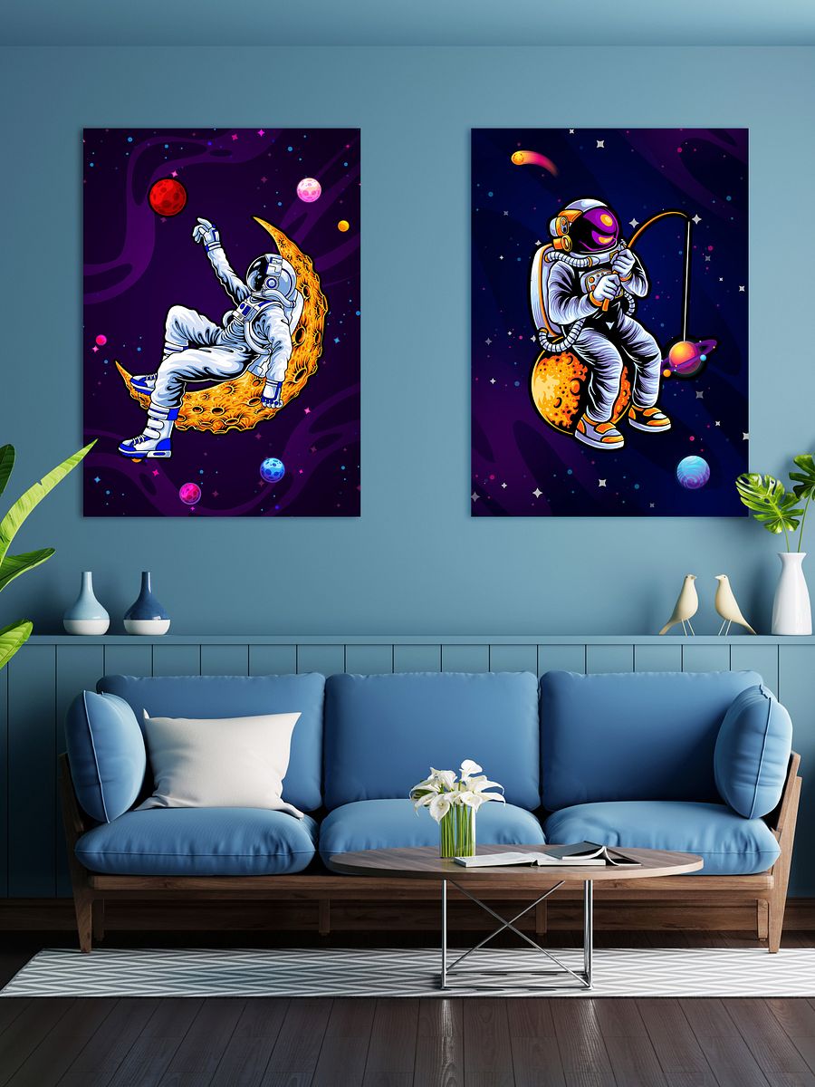 Astronaut and Moon dreaming about Mars — space poster, synthwave space, neon space, aesthetic poster product image (2)