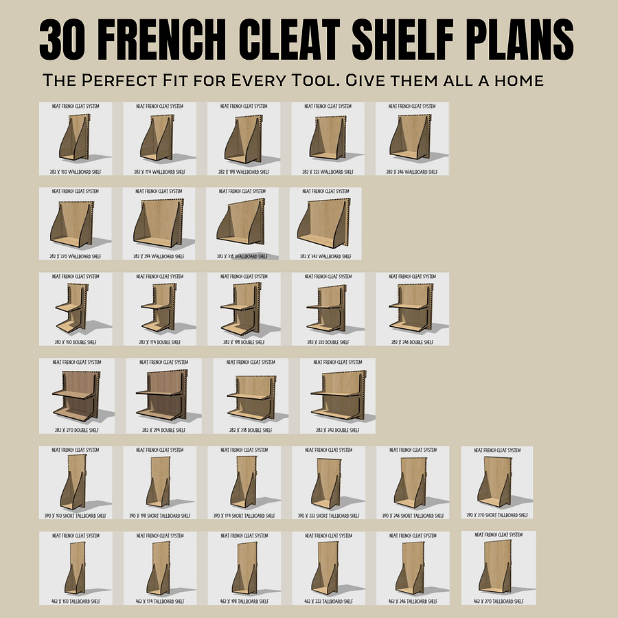 French Cleat Mega Bundle | 130 Tool Holder Plans for Wall Storage, Shelves & Workbench | Ultimate Workshop Organization | Instant Download product image (6)