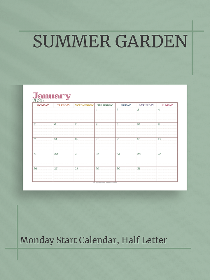 Summer Garden 2026 Calendar - Single Page per Month, Monday Start, Half Letter Size product image (1)