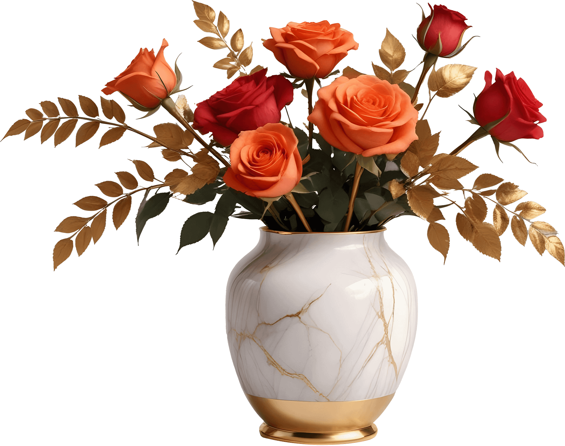 Romantic Grace – White Marble and Gold Rose Vase PNG product image (1)