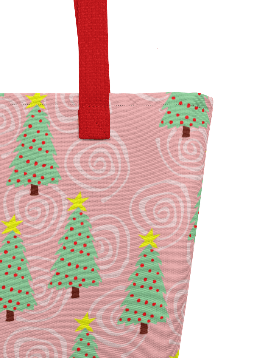 Green Christmas Trees on Christmas Pink with Swirls – Large Tote Bag product image (5)