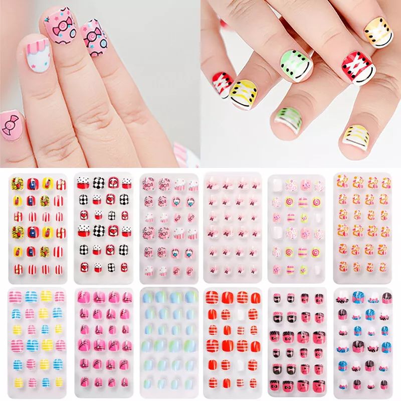 24Pcs Kids Childrens Girls Fake Stick Press On False Nails Full Cover Pre-glue product image (4)