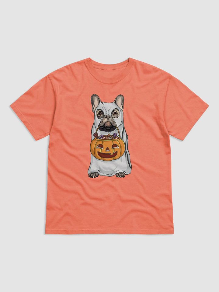 French Bulldog(Blue) Halloween Tee | Funny Fall Halloween Frenchie Wearing a Ghost Costume with Pumpkin Basket product image (12)