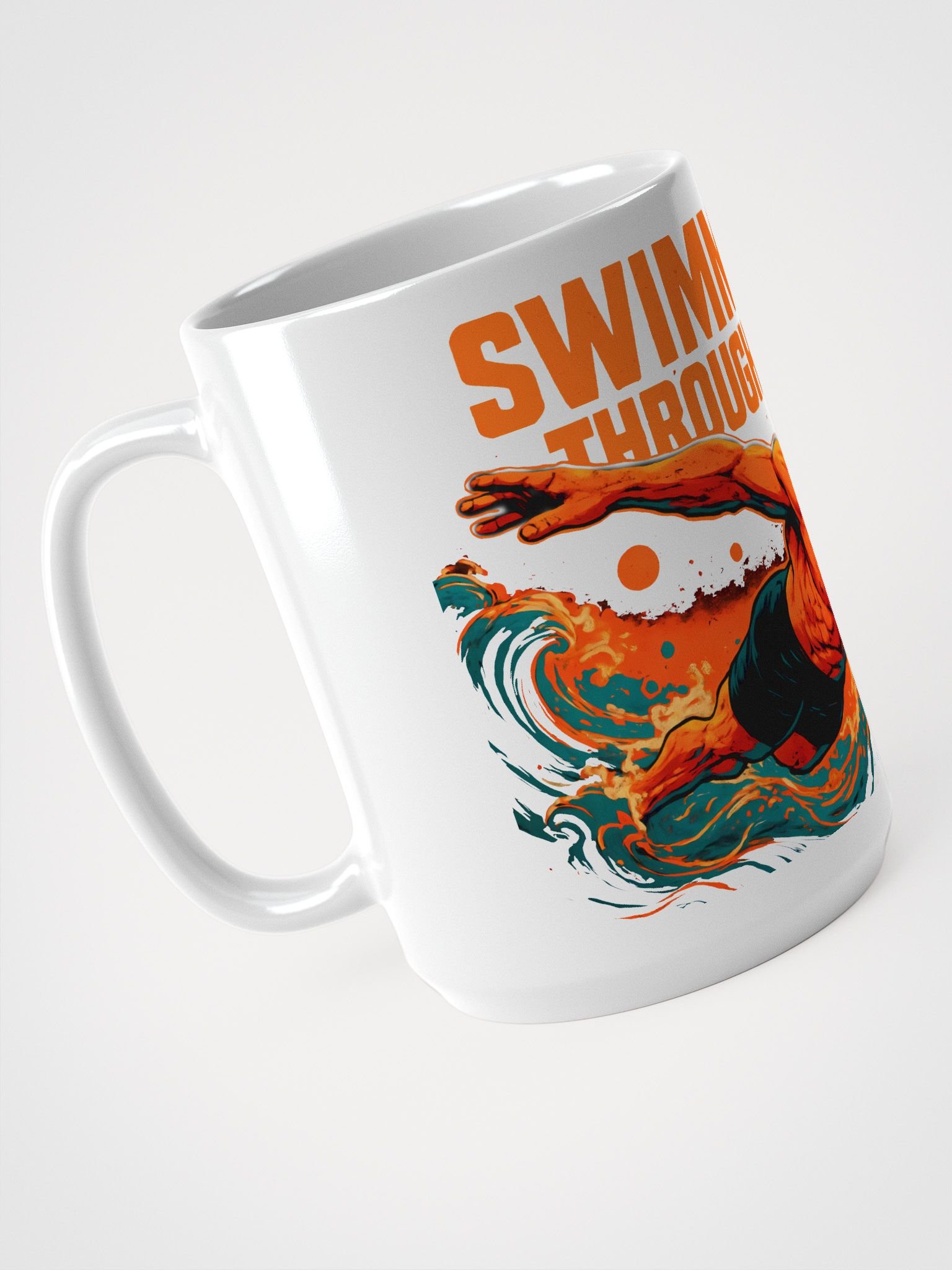 Orange-Hued Cosmic Journey: 'Swimming Through U-Verse glossy Mug product image (3)
