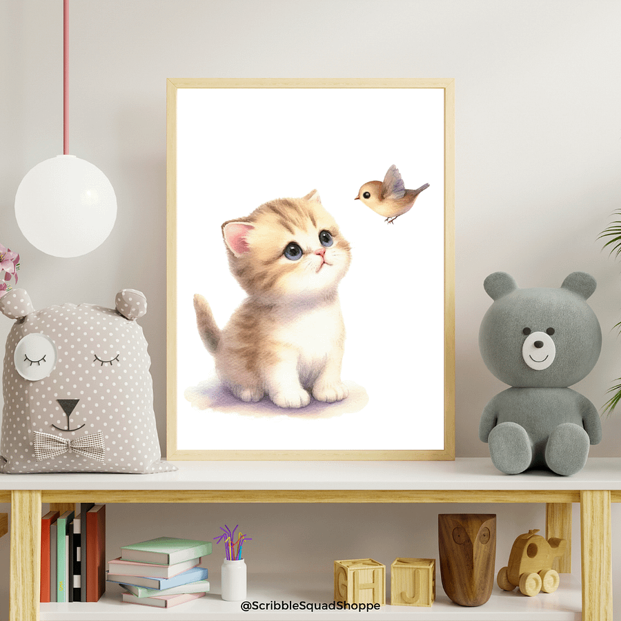 Curious Whiskers: Kitten Enchants Bird - Cute Digital Wall Art product image (2)