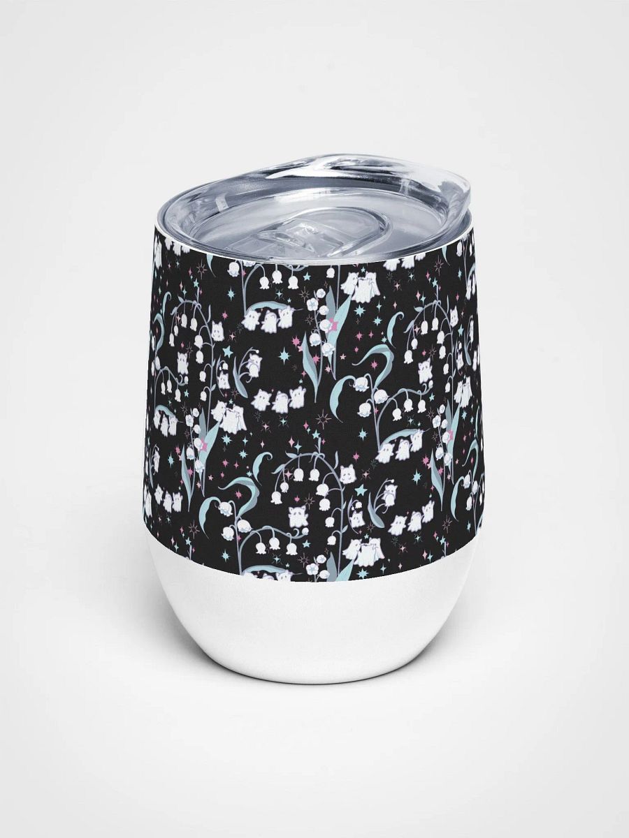 Kitty Ghost Garden of Dreams kawaii Lilies of the Valley Wine Tumbler-- Cute and Cozy on-the-go Sips (Dark) product image (1)