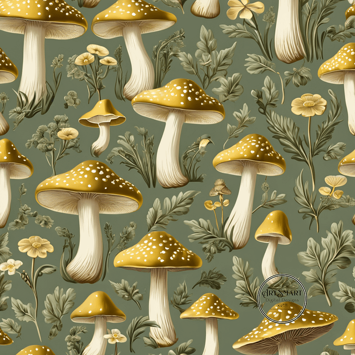 Seamless Pattern - Golden Mushrooms on Light Green product image (1)
