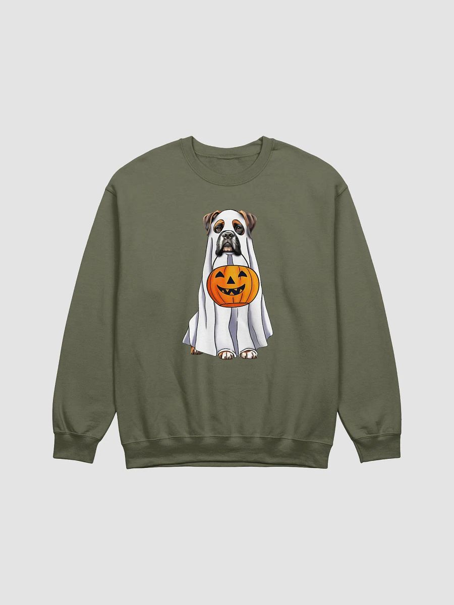 Boxer Dog Halloween Sweatshirt | Funny Fall and Halloween Boxer Wearing a Ghost Costume with Pumpkin Basket product image (21)