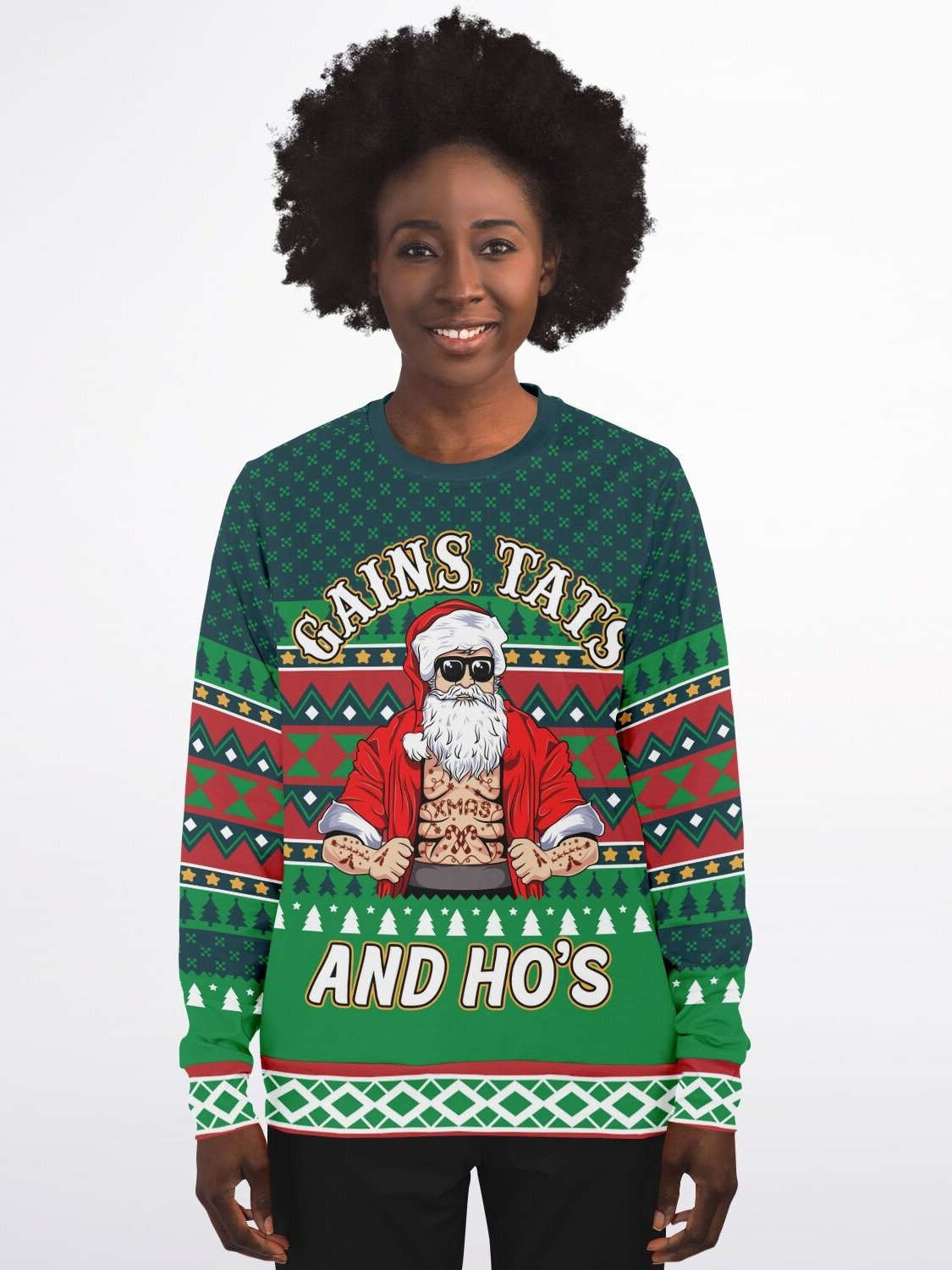 "Gains Tats and Ho's" Christmas Sweater | Funny Gym Santa Sweatshirt | Fitness Holiday Party Outfit product image (7)