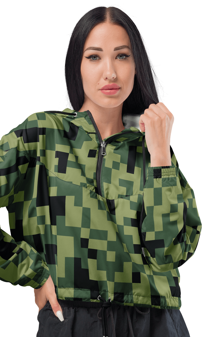 Military Green Camouflage Pixels Camo Pattern Women's Cropped Windbreaker product image (1)