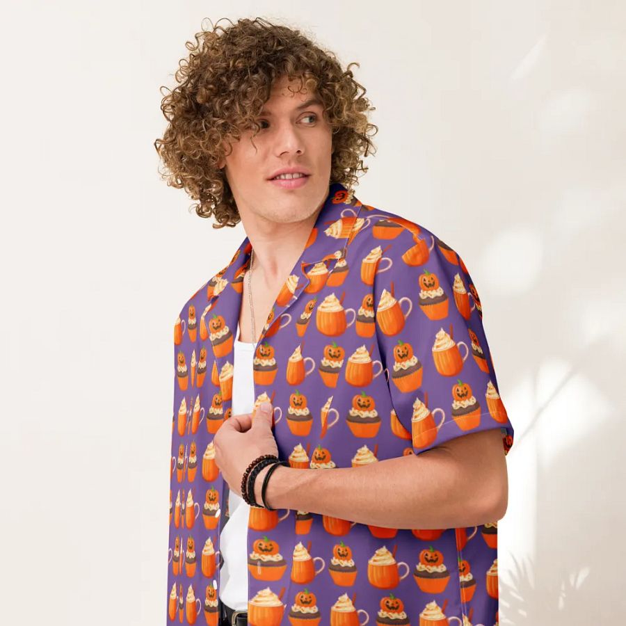 Halloween tea party pumpkin cupcake pumpkin spice latte Unisex Hawaiian Button Shirt product image (7)