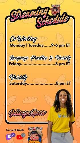 🤠 New schedule ENGAGED! 

Come see me on Twitch & Tiktok 💖
🖥️ CoWorking | Mon-Tues 9-6 pm ET
🗣️ Language Practice & Variety |...