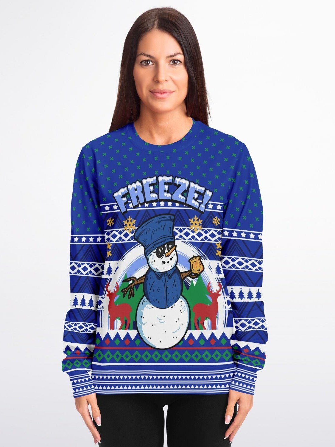 "Freeze" Snowman Police Christmas Sweater | Funny Holiday Law Enforcement Sweatshirt | Ugly Christmas Party Outfit product image (1)