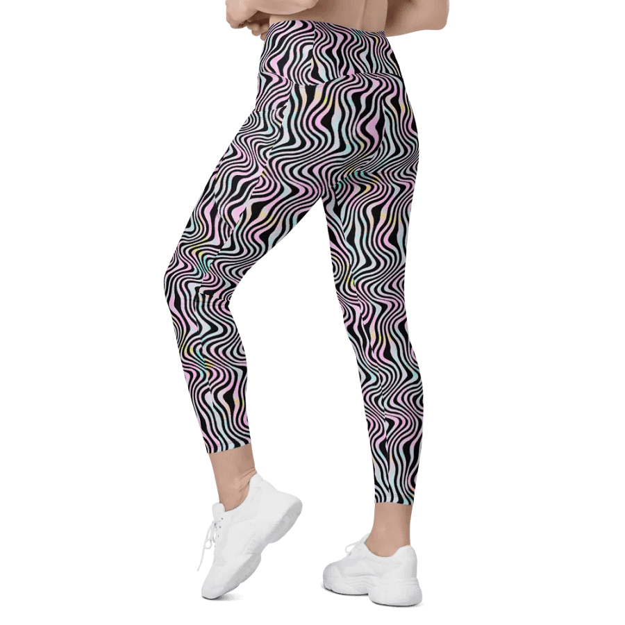 All over print leggings with pockests in wavy pink black and turuoise design. product image (11)