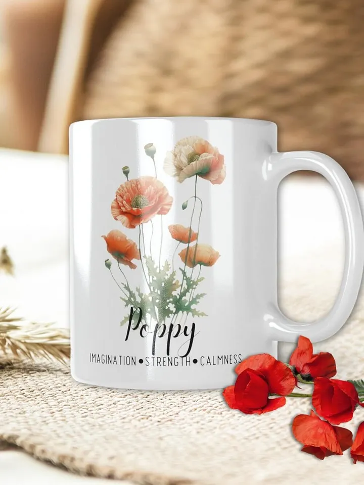 Poppy Ceramic White Mug: Imagination, Strength, Calmness August Birth Month Flower product image (1)