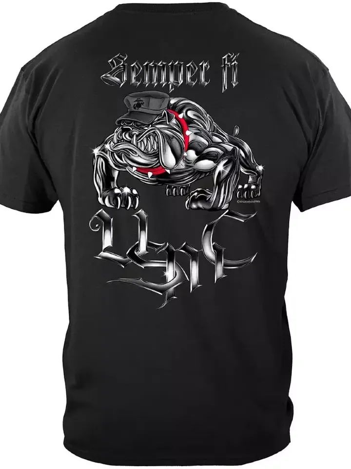 USMC Bulldog Semper Fi T-Shirt - US Marine Corps Black & Chrome Devil Dog Shirt product image (1)