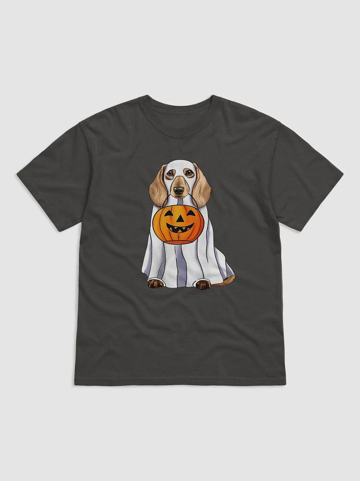 Dachshund(Longhaired) Halloween Tee | Funny Halloween Wiener/Doxie Wearing a Ghost Costume with Pumpkin Basket product image (7)
