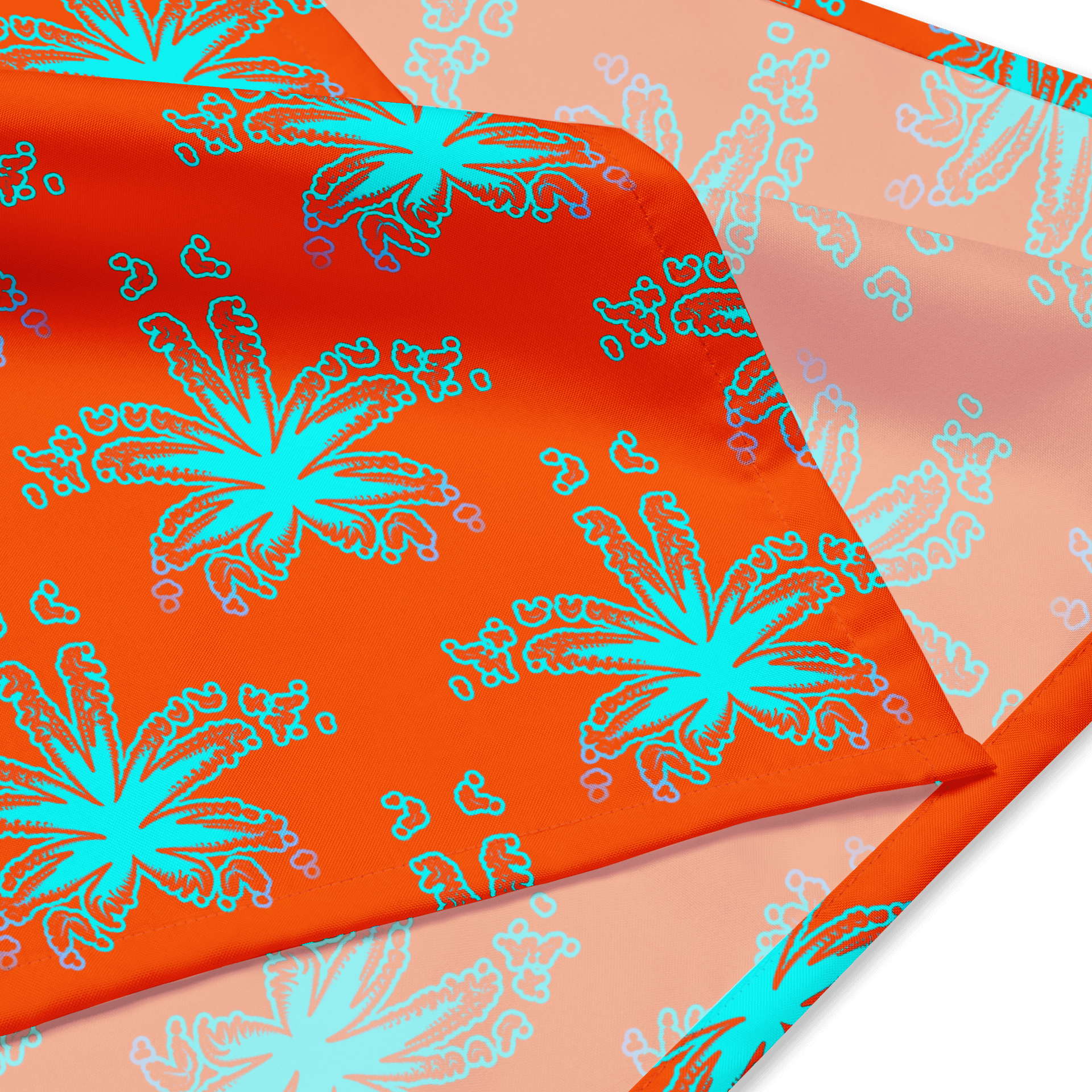 Orange Aqua Blue Budz Cannabis Beach Bandana, Stoner Summertime Style 420 Fashion Accessory, Weird Weed Leaves Pattern, Twisted Pot Leaf Art product image (2)