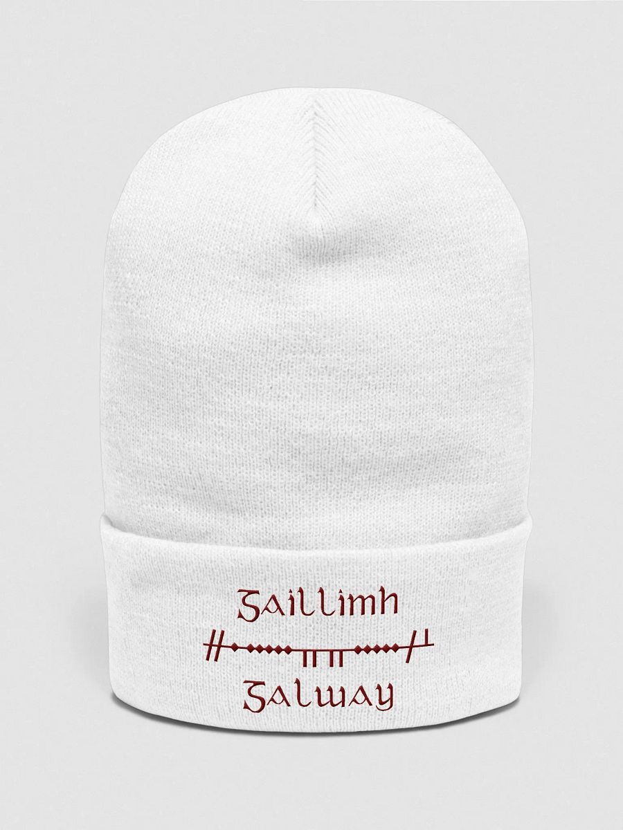 Galway/Gaillimh Scholastic style Ogham, White with Maroon, embroidered Cuffed Beanie product image (1)