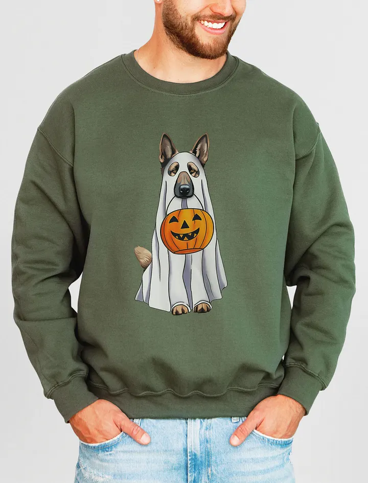 German Shepherd Halloween Sweatshirt | Funny Halloween German Shepherd Wearing a Ghost Costume with Pumpkin Basket product image (19)