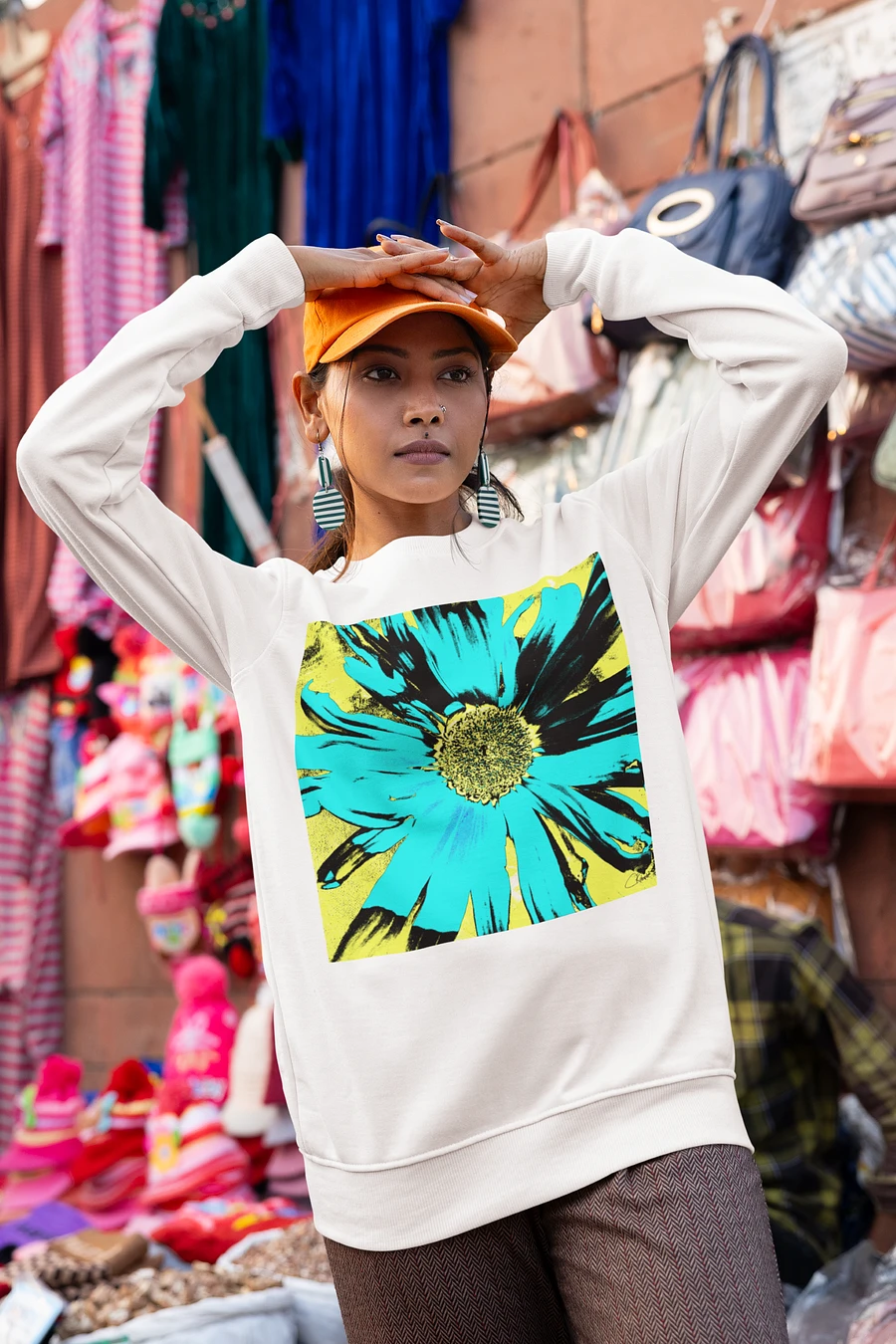 Abstract Yellow, Turquoise and Black Daisy Flower Ladies Crew Neck Sweatshirt product image (3)