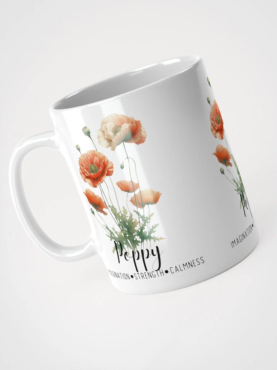 Poppy Ceramic White Mug: Imagination, Strength, Calmness August Birth Month Flower product image (5)