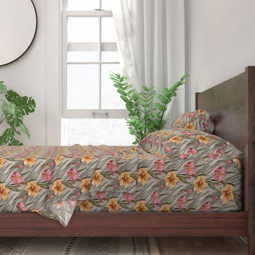 Seamless Pattern - Painted Flowers in Shades of Yellow and Pink on a Textured Khaki Background product image (3)