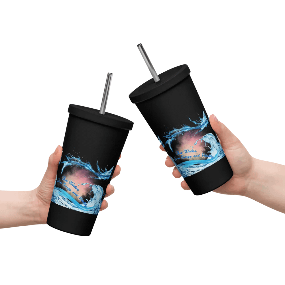 Insulated Tumbler with straw with beautiful swirly  water drop splash and drops design, featuring This water gives energy and vitality product image (10)