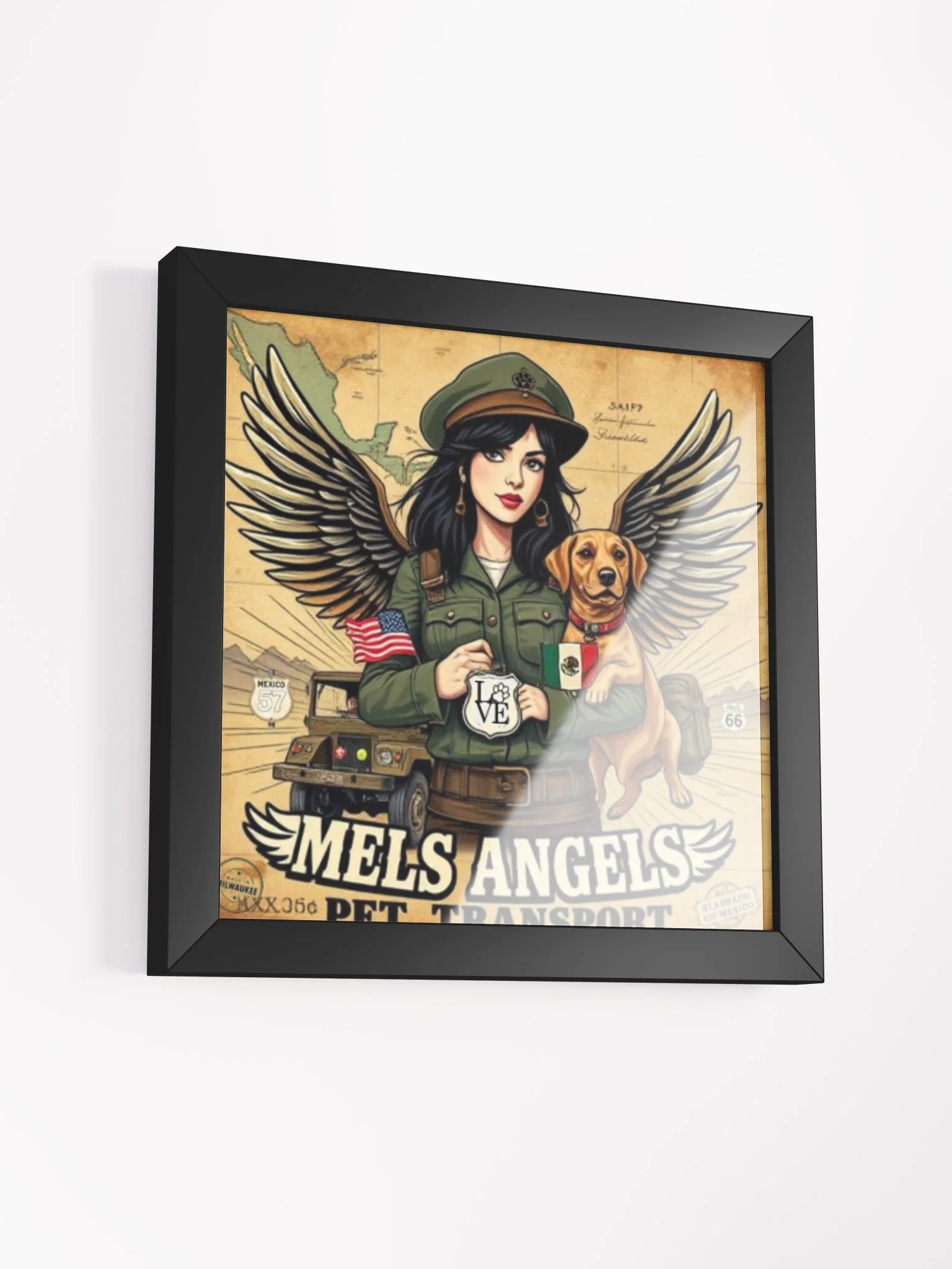 Mel’s Angels Vintage Pet Transport Framed Poster – Winged Rebel Dog Art, Route 66 Military Pin-Up Print product image (4)