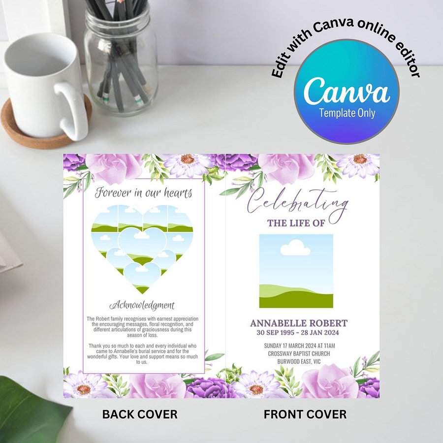 Purple Pink Flowers Funeral Program Canva Template product image (4)
