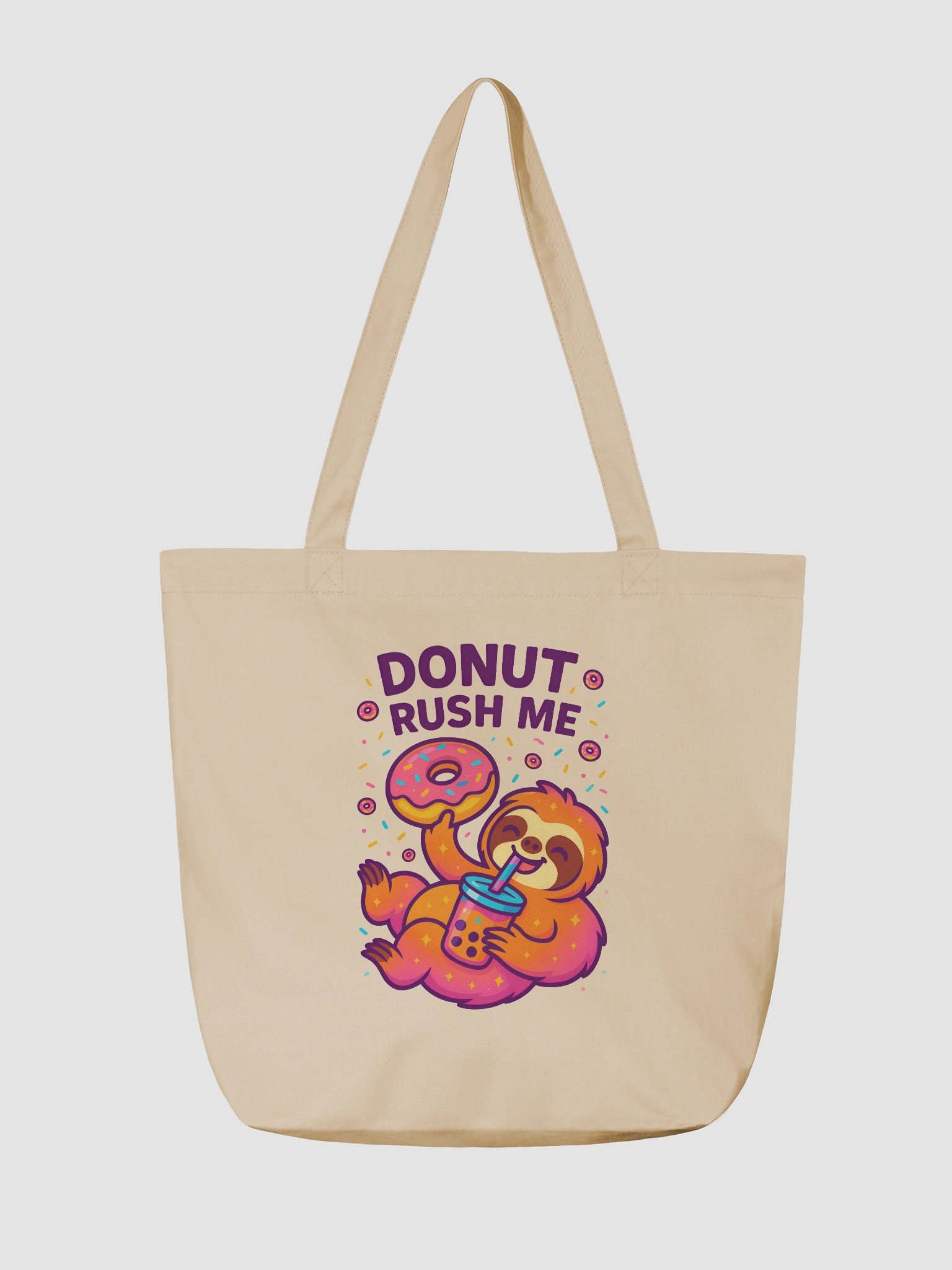 Donut Rush Me – Funny Sloth Tote Bag (Double-Sided Print) | Eco Cotton Sloth Bag – Sloths Having Snacks Collection product image (2)