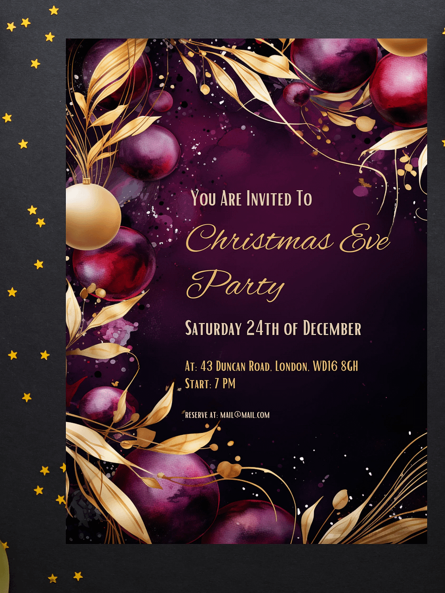Luxury Purple and Gold Christmas Party Invitation | Editable in Canva | Christmas Party Printable | Holiday Invitation Template | Canva Edit product image (4)