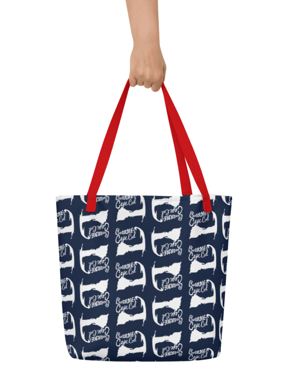BOURNE to Cape Cod™ | Large Tote Bag with Pocket | Coastal Classic | All-Over Logo Print | White Logo Repeat on Navy product image (1)