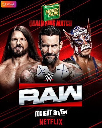 TONIGHT on #WWERaw:

💼 #MITB Qualifying Match: @cmpunk vs. @ajstylesp1 vs. El Grande Americano

💼 #MITB Qualifying Match: @ya...