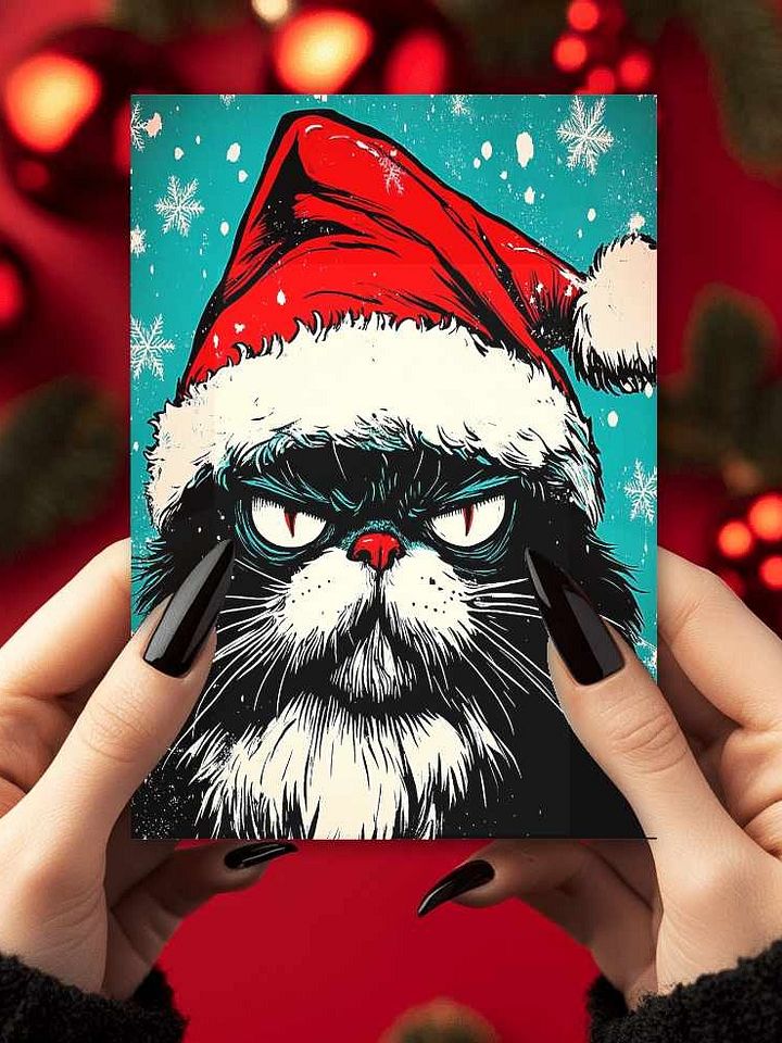 Retro Grumpy Cat in a Hat Christmas Cards Pack of 10 • 5×7 product image (1)