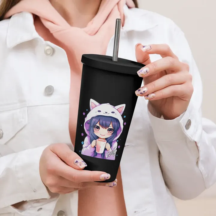 Cozy Kawaii Anime Girl 20 oz Tumbler Cup - Black - Insulated Tumbler with a Straw product image (2)