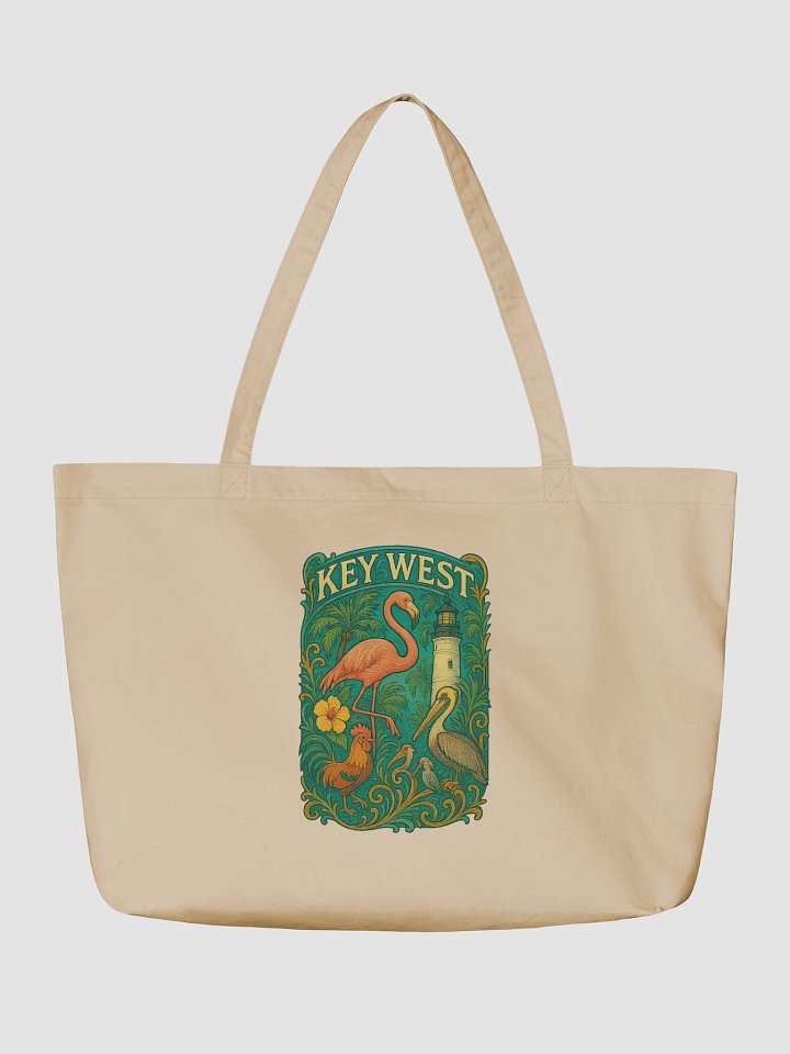 Key West Organic Cotton Tote Bag with Flamingo, Pelican, Rooster, Lighthouse, and Hibiscus product image (4)