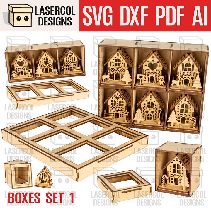Christmas Houses Ornaments Boxes Set 1 (8 Houses Styles) - Laser Cut Files product image (1)