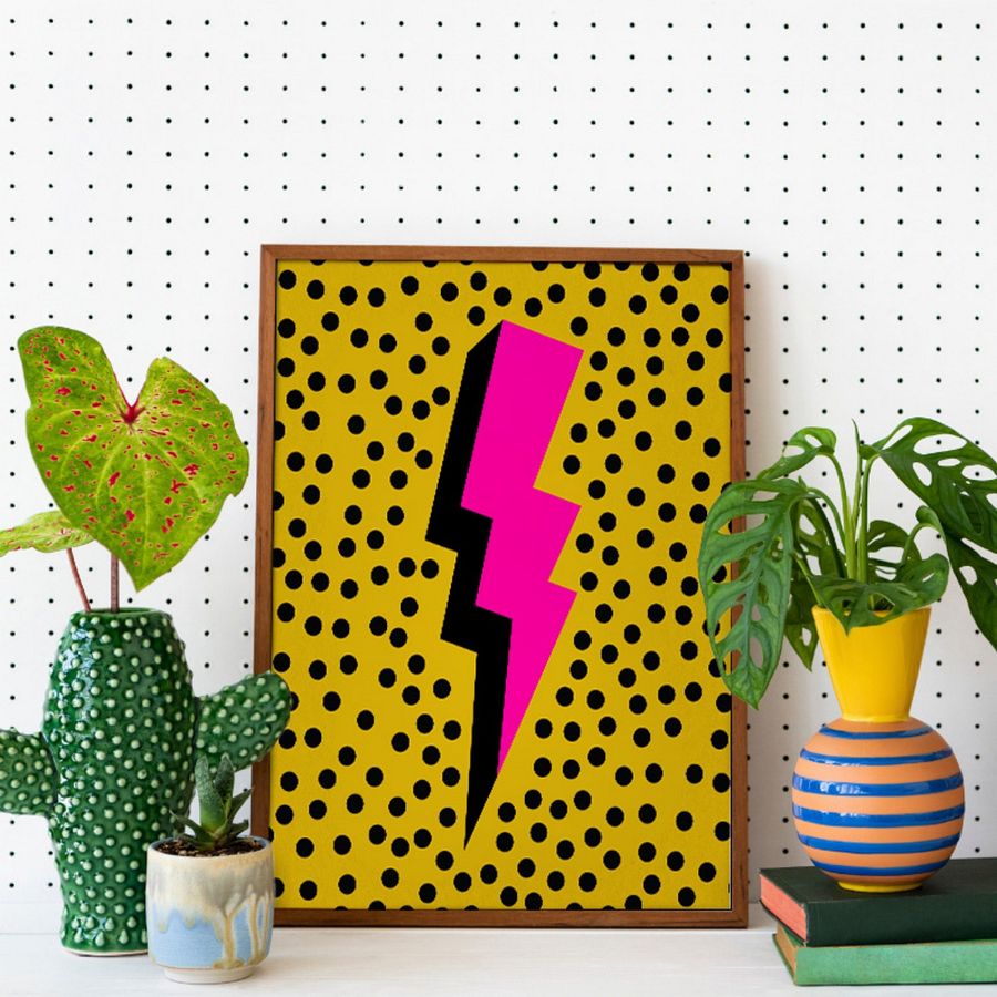 Pink Lightening Bolt on Yellow Dotted Retro Art Print product image (5)